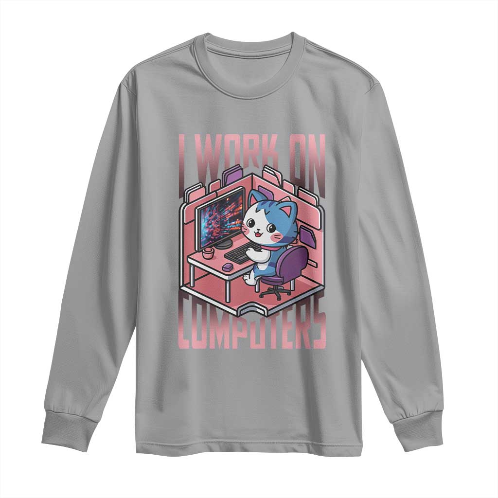 Funny Programmer Long Sleeve Shirt I Work On Computers Japan Anime Cat