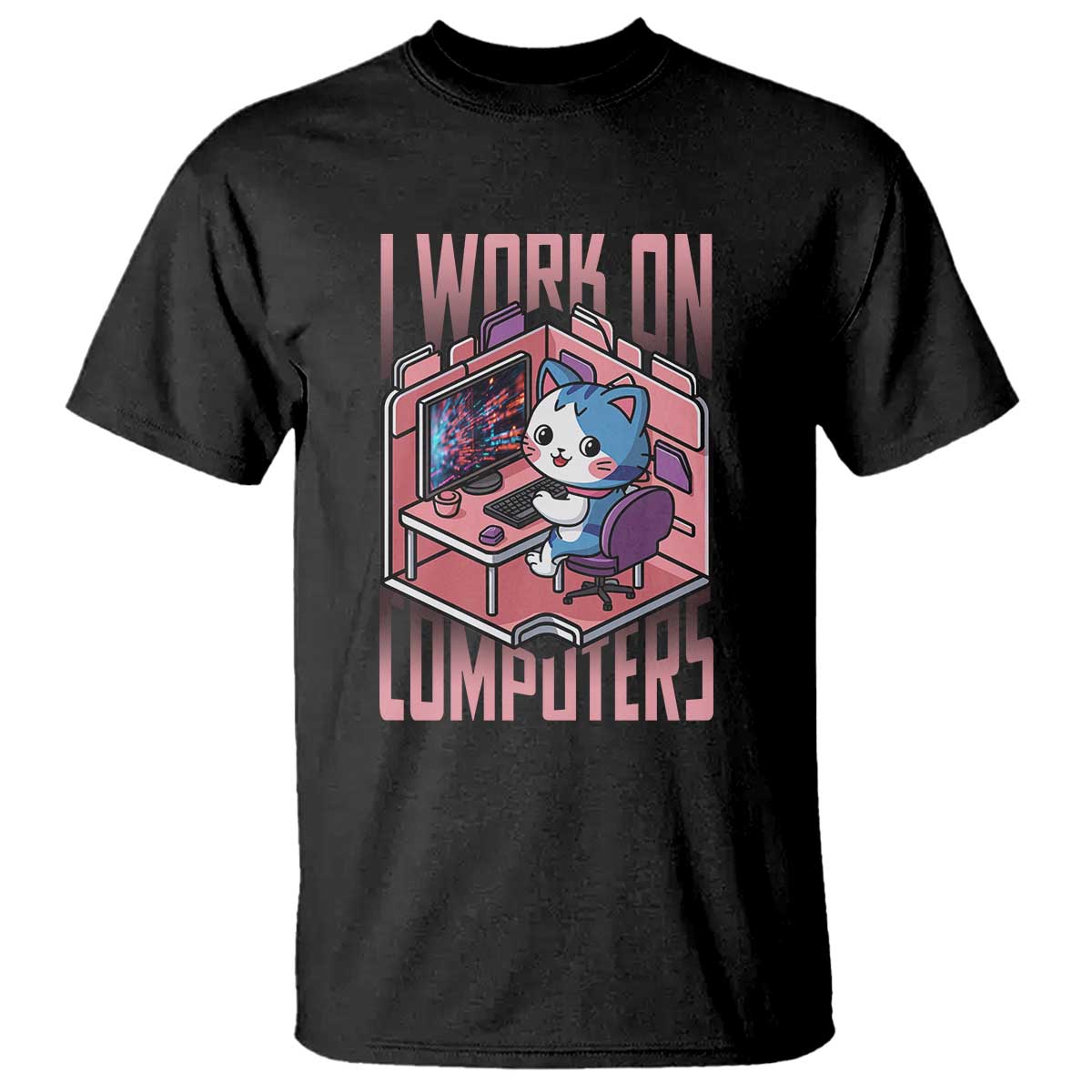 Funny Programmer T Shirt I Work On Computers Japan Anime Cat