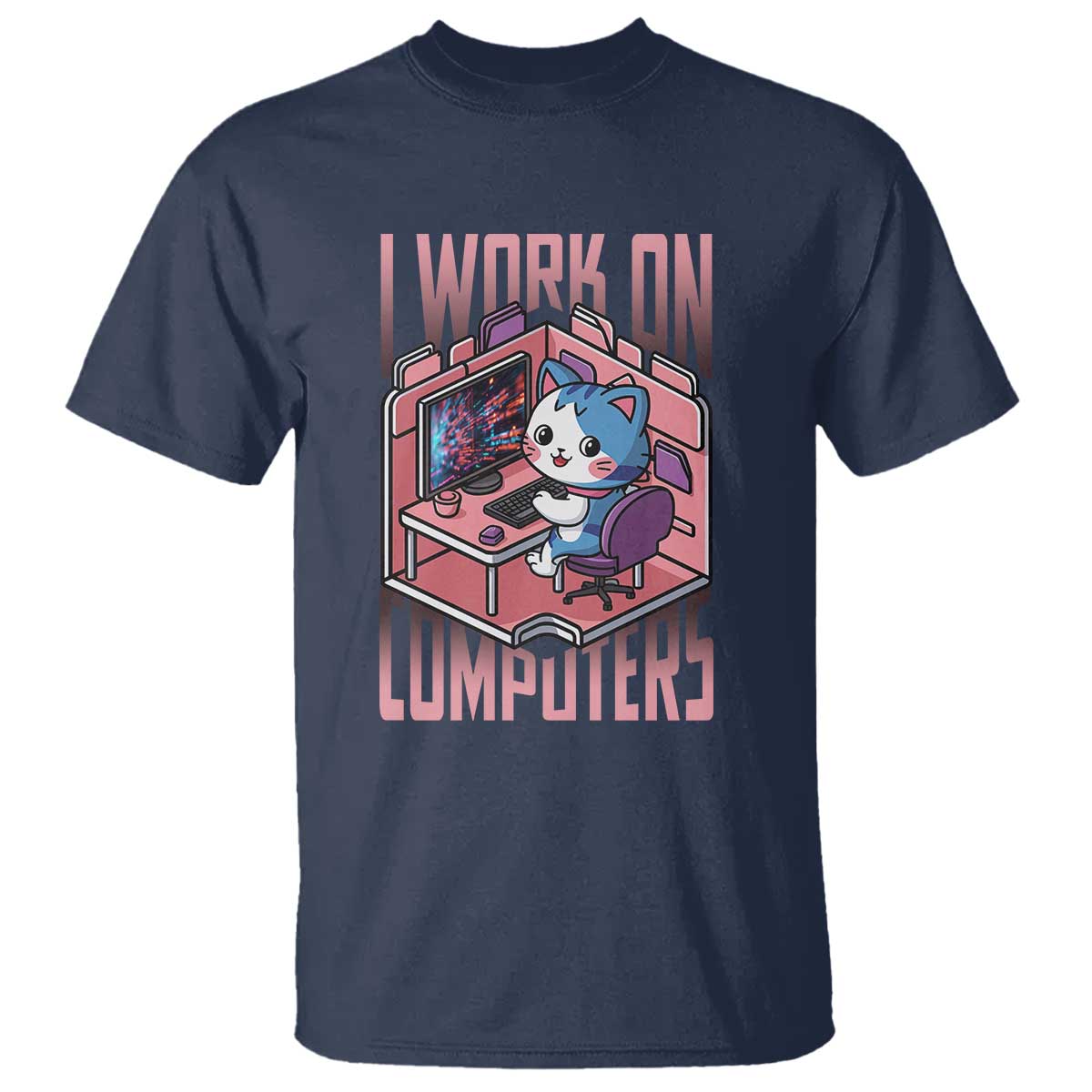 Funny Programmer T Shirt I Work On Computers Japan Anime Cat