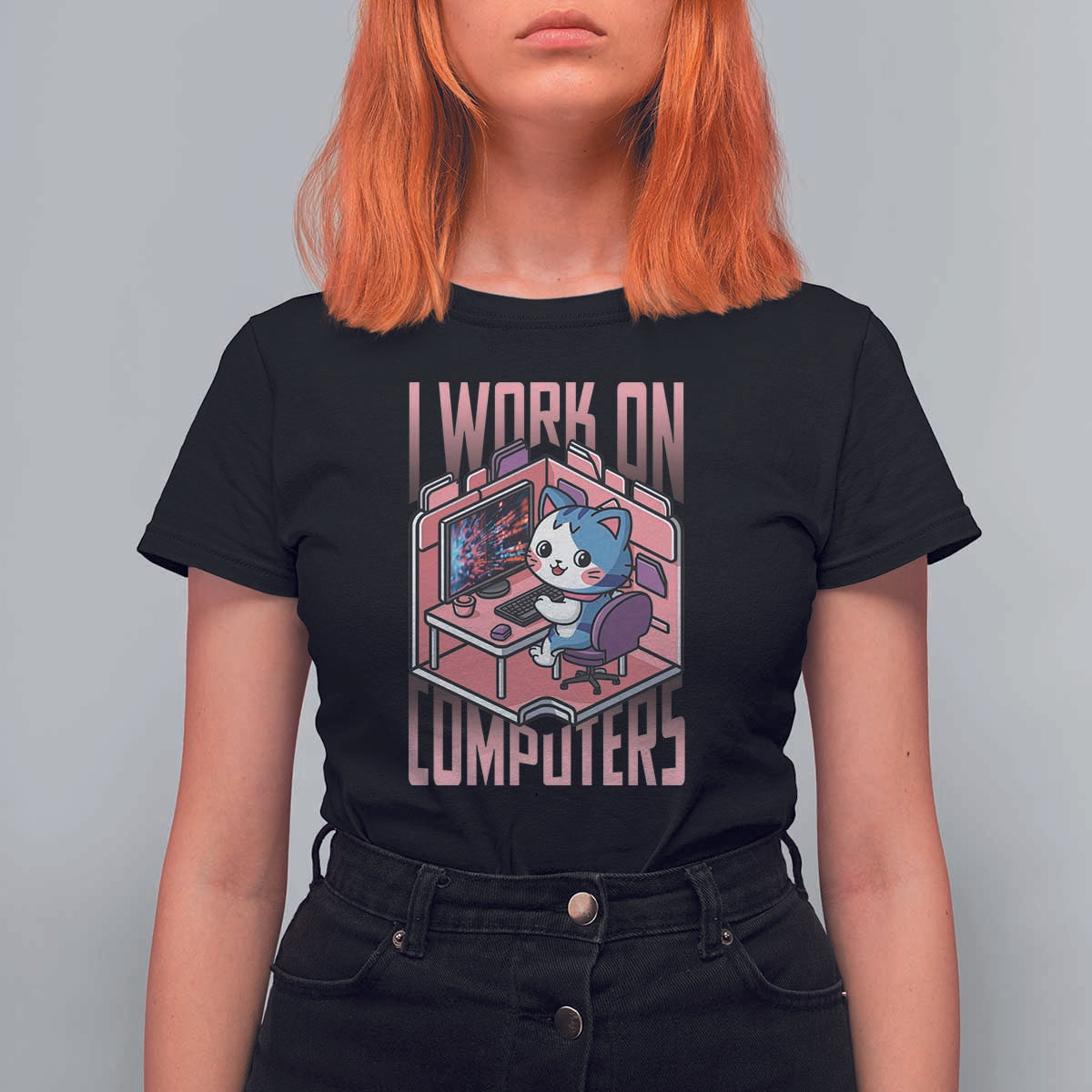 Funny Programmer T Shirt For Women I Work On Computers Japan Anime Cat