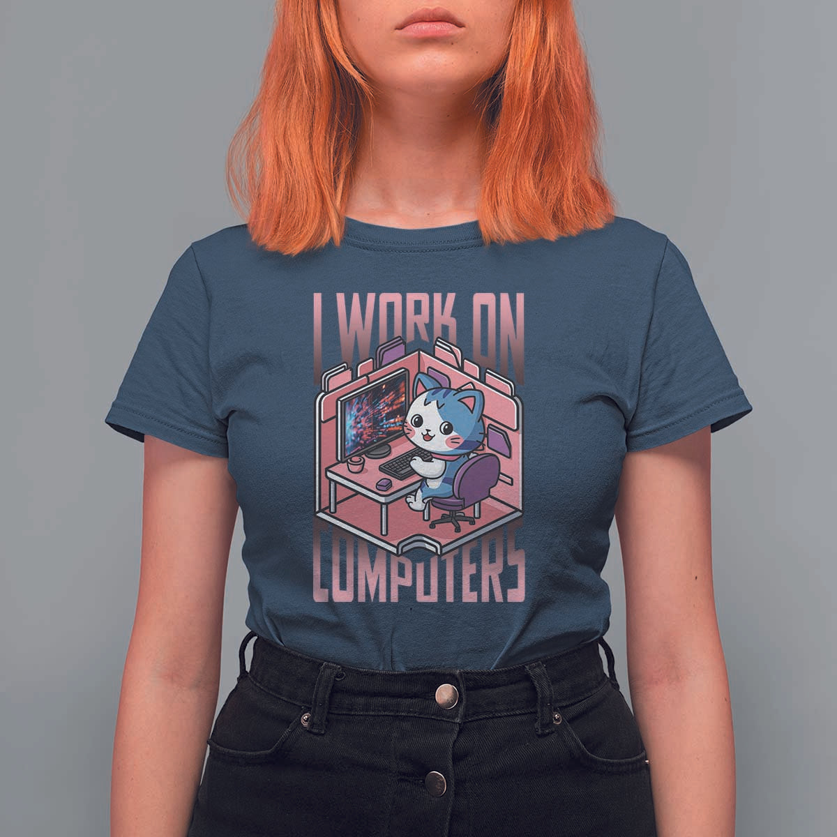 Funny Programmer T Shirt For Women I Work On Computers Japan Anime Cat