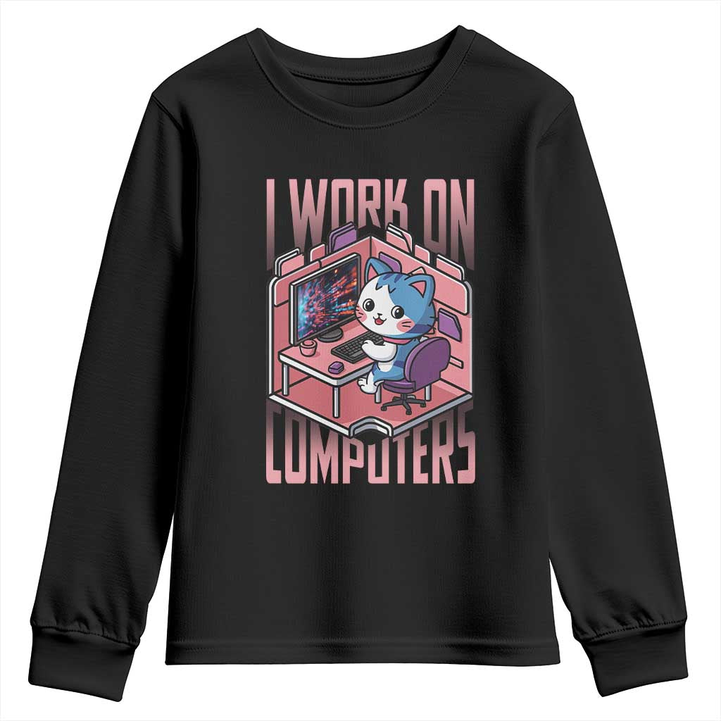 Funny Programmer Youth Sweatshirt I Work On Computers Japan Anime Cat
