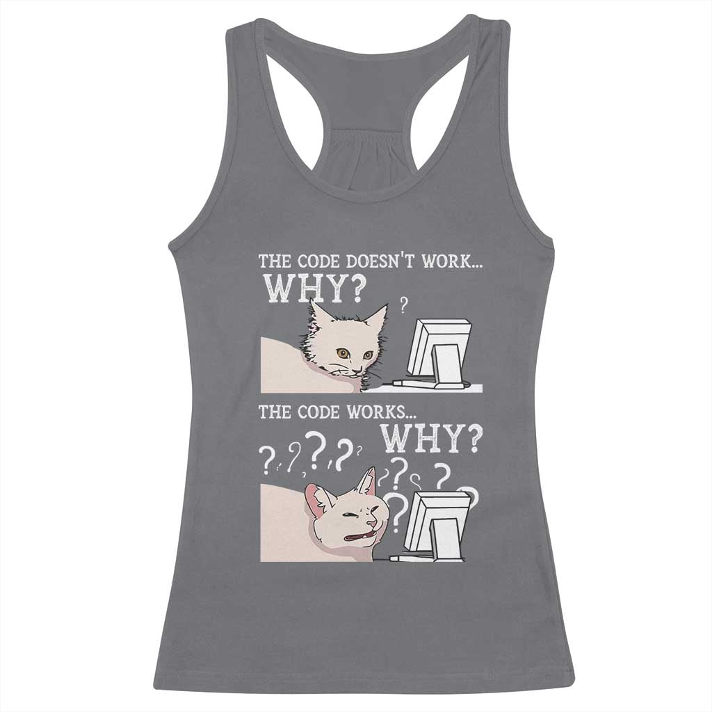 Funny Coder Racerback Tank Top The Code Doesn't Work Why Cat Meme