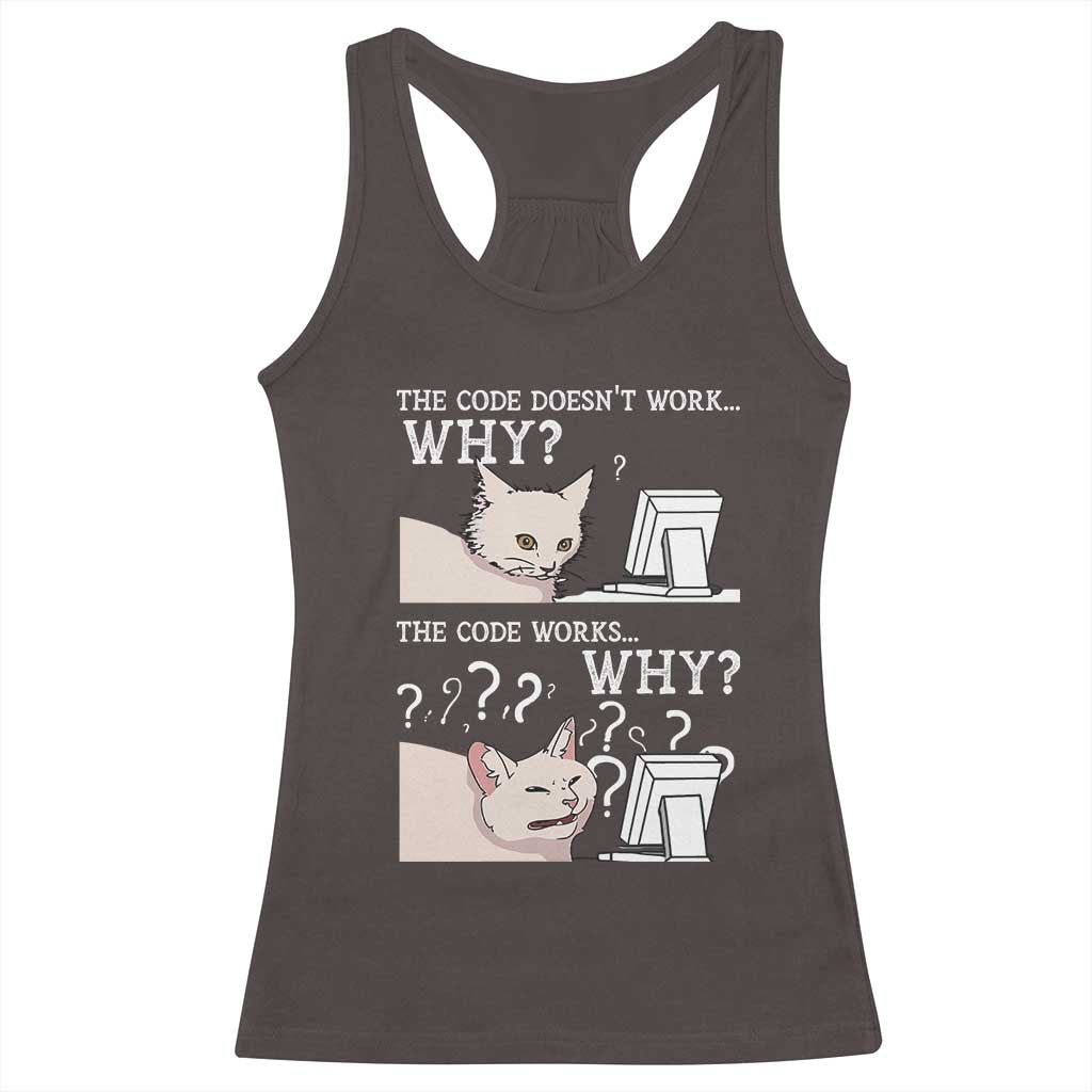 Funny Coder Racerback Tank Top The Code Doesn't Work Why Cat Meme