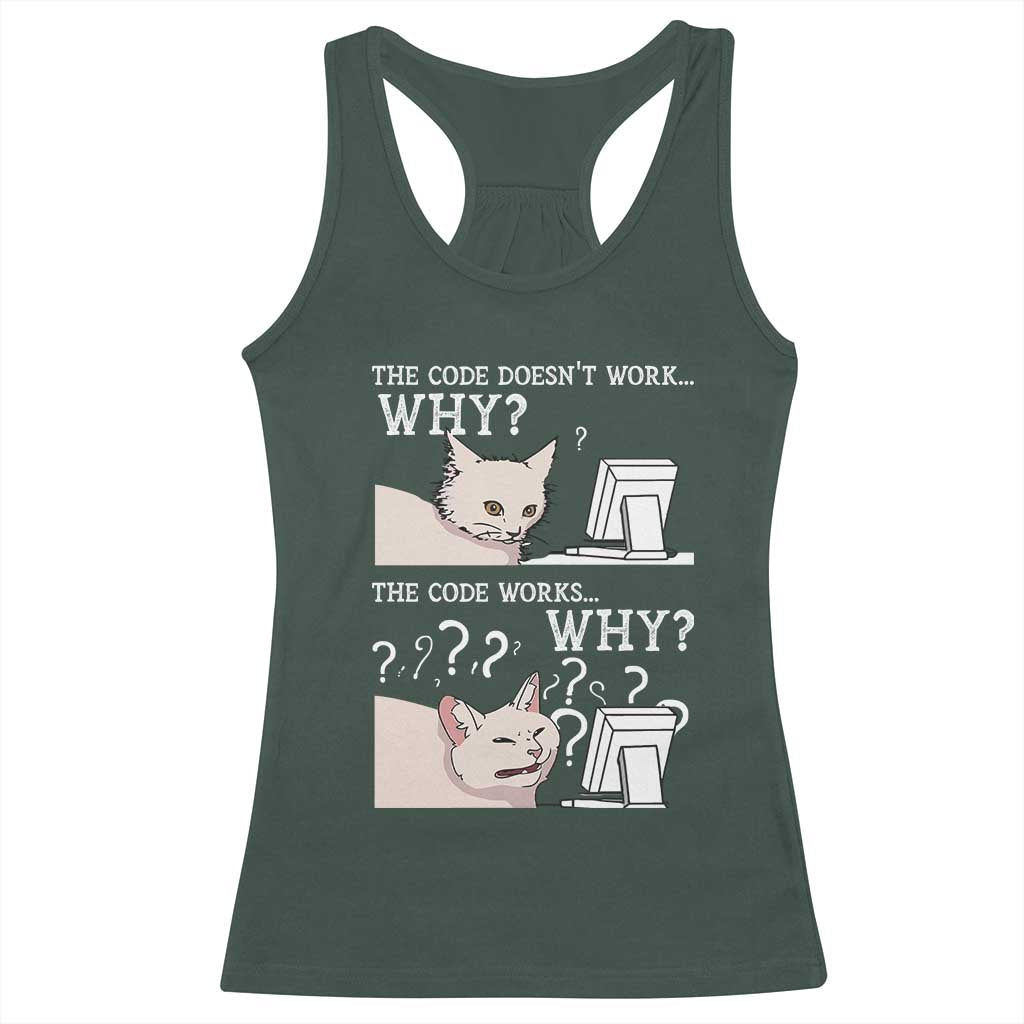 Funny Coder Racerback Tank Top The Code Doesn't Work Why Cat Meme