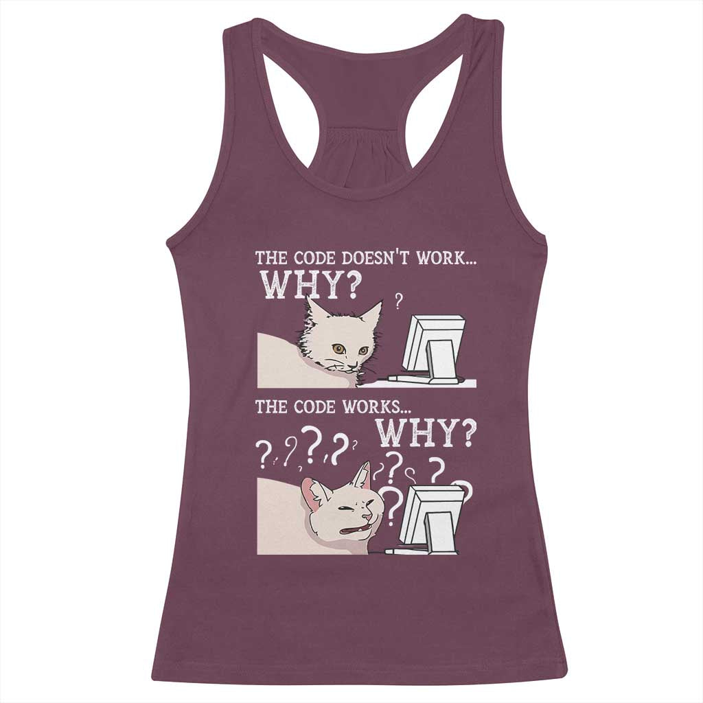 Funny Coder Racerback Tank Top The Code Doesn't Work Why Cat Meme