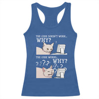 Funny Coder Racerback Tank Top The Code Doesn't Work Why Cat Meme