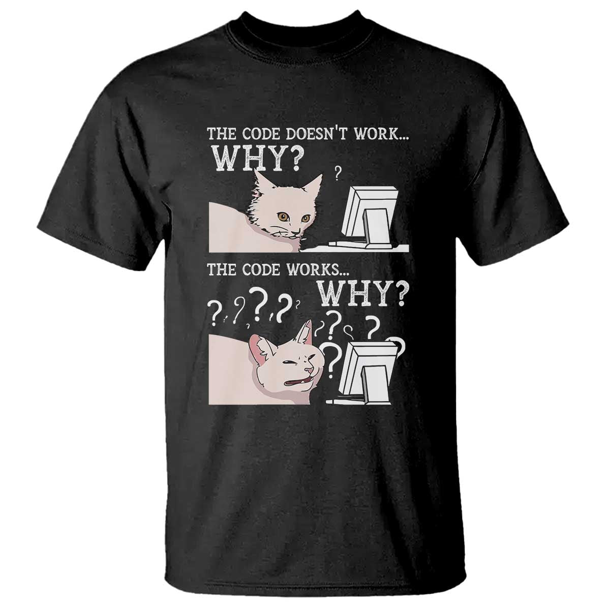 Funny Coder T Shirt The Code Doesn't Work Why Cat Meme