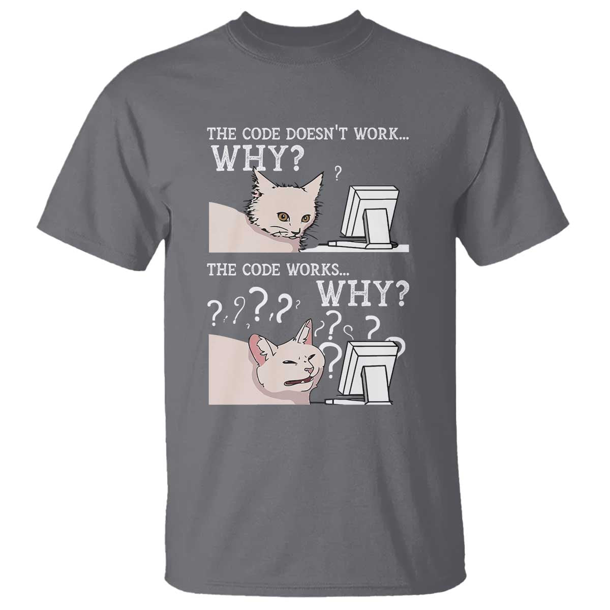 Funny Coder T Shirt The Code Doesn't Work Why Cat Meme