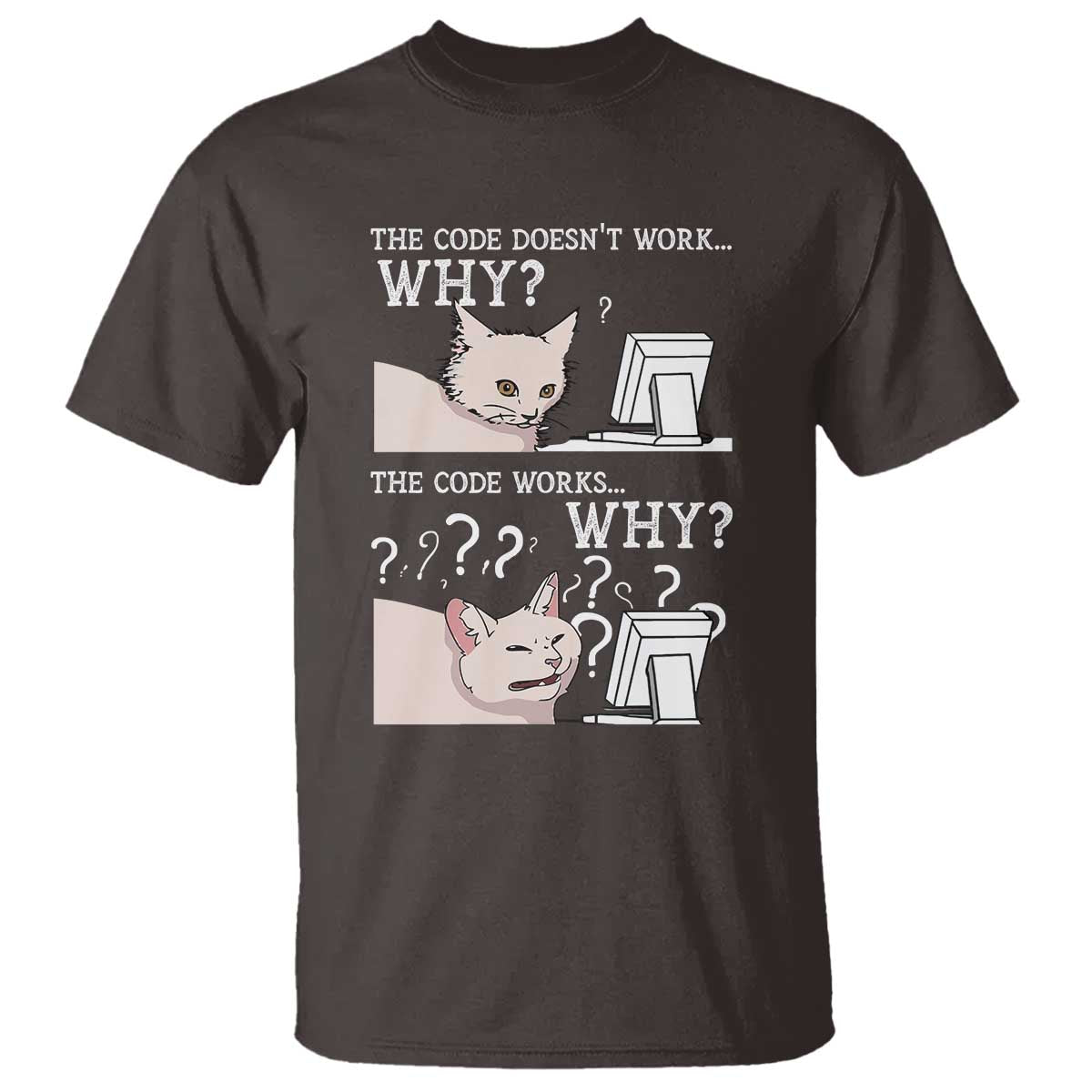 Funny Coder T Shirt The Code Doesn't Work Why Cat Meme