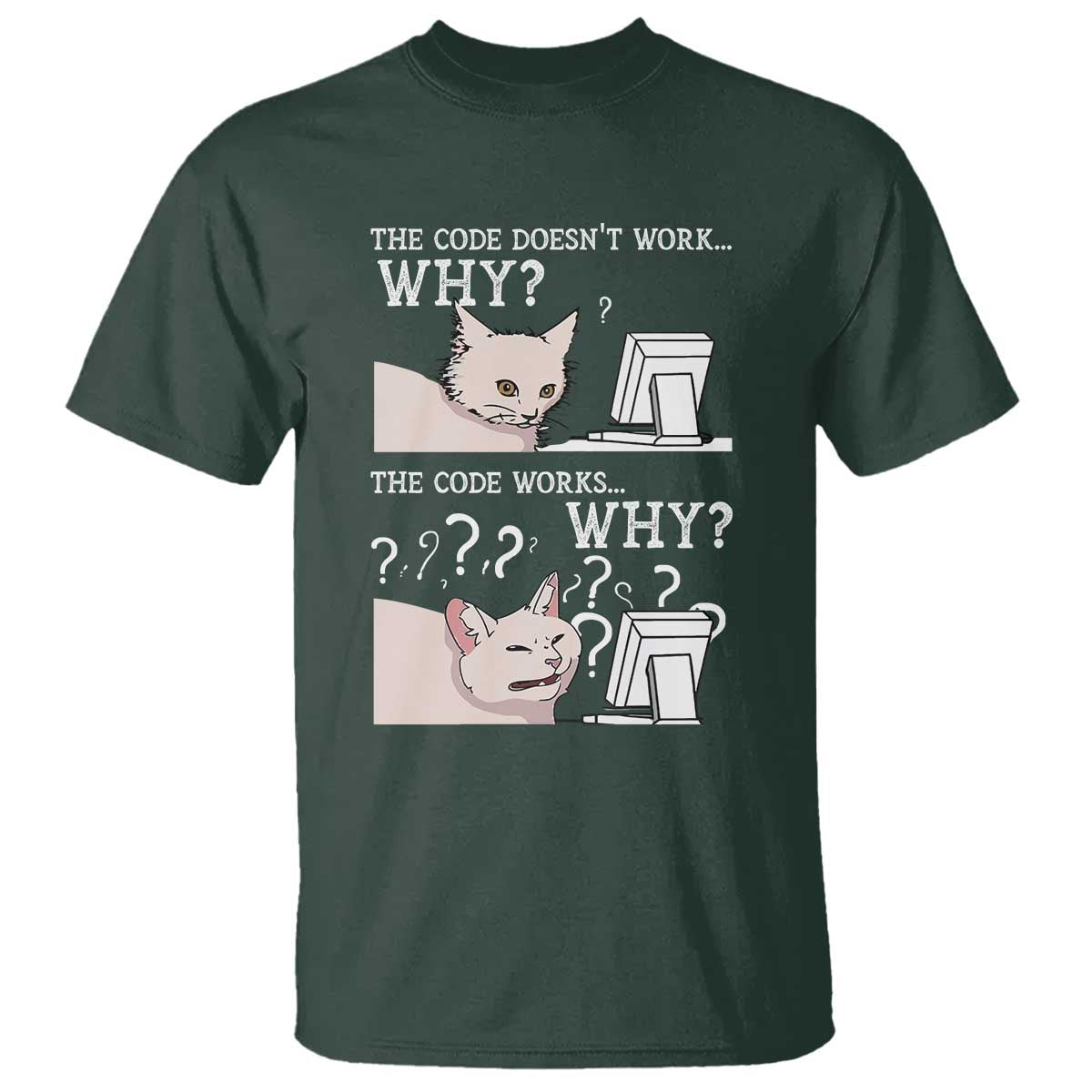 Funny Coder T Shirt The Code Doesn't Work Why Cat Meme