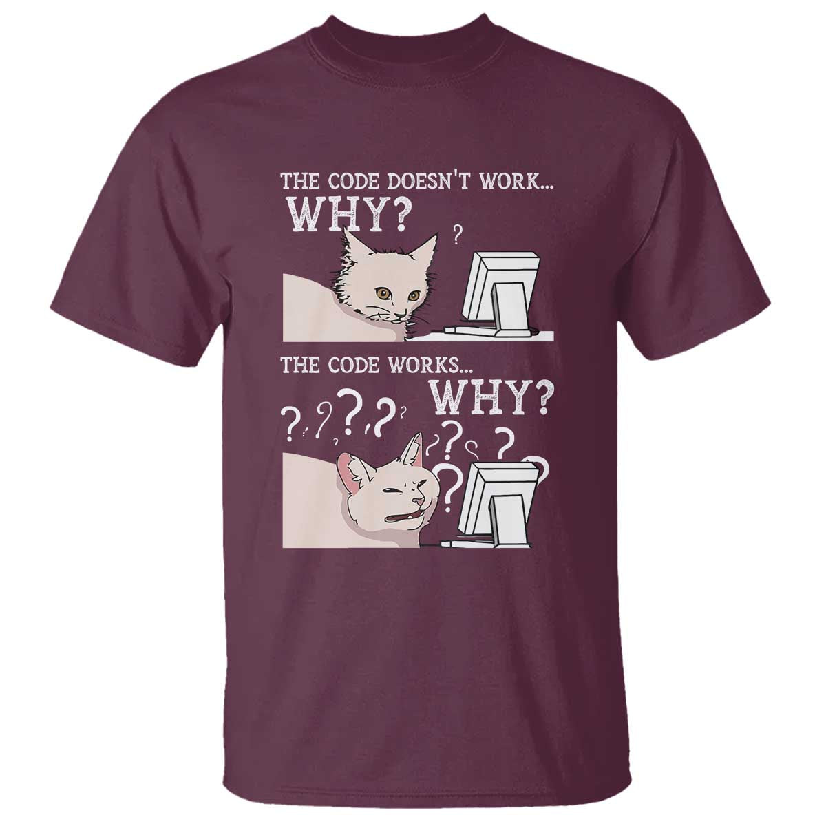 Funny Coder T Shirt The Code Doesn't Work Why Cat Meme