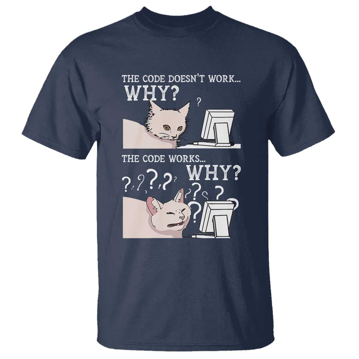 Funny Coder T Shirt The Code Doesn't Work Why Cat Meme