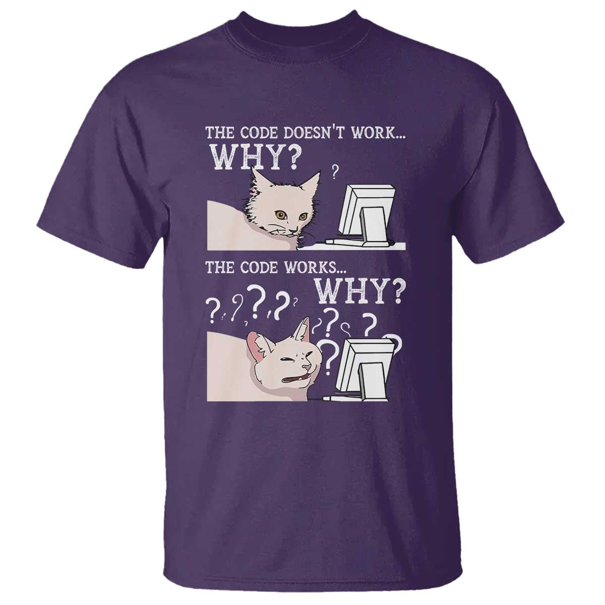 Funny Coder T Shirt The Code Doesn't Work Why Cat Meme