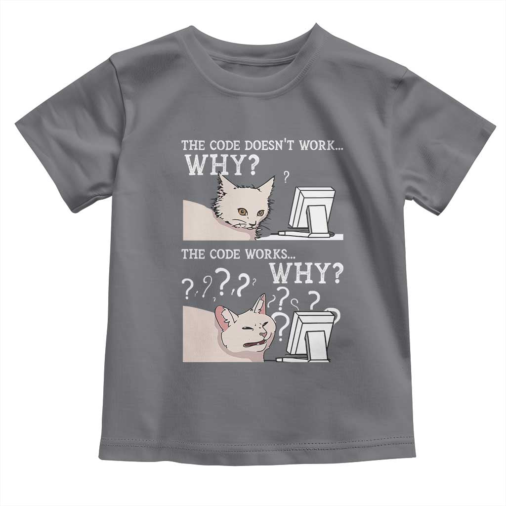 Funny Coder Toddler T Shirt The Code Doesn't Work Why Cat Meme