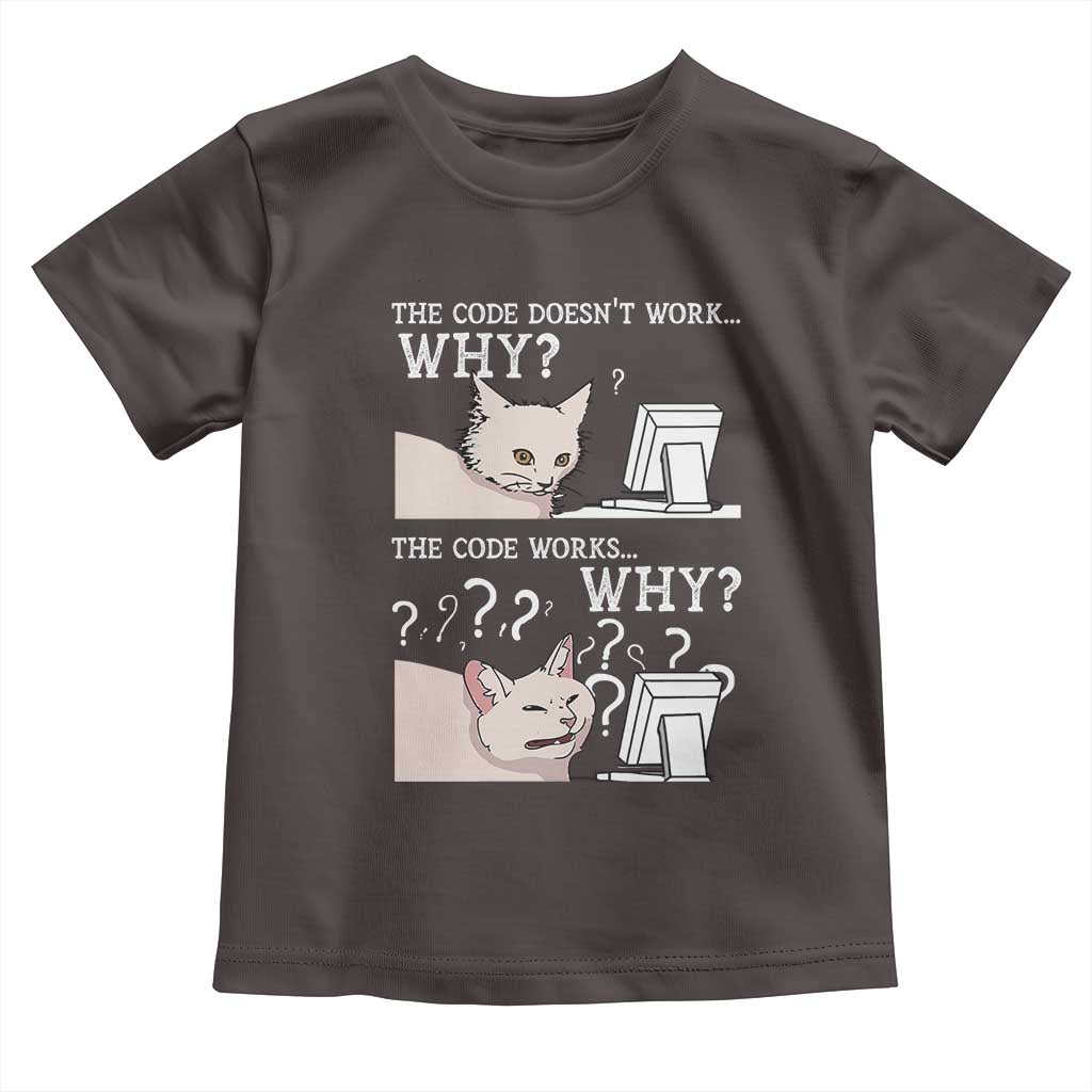 Funny Coder Toddler T Shirt The Code Doesn't Work Why Cat Meme