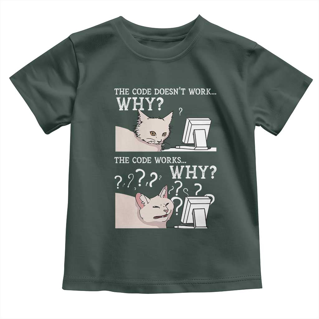 Funny Coder Toddler T Shirt The Code Doesn't Work Why Cat Meme