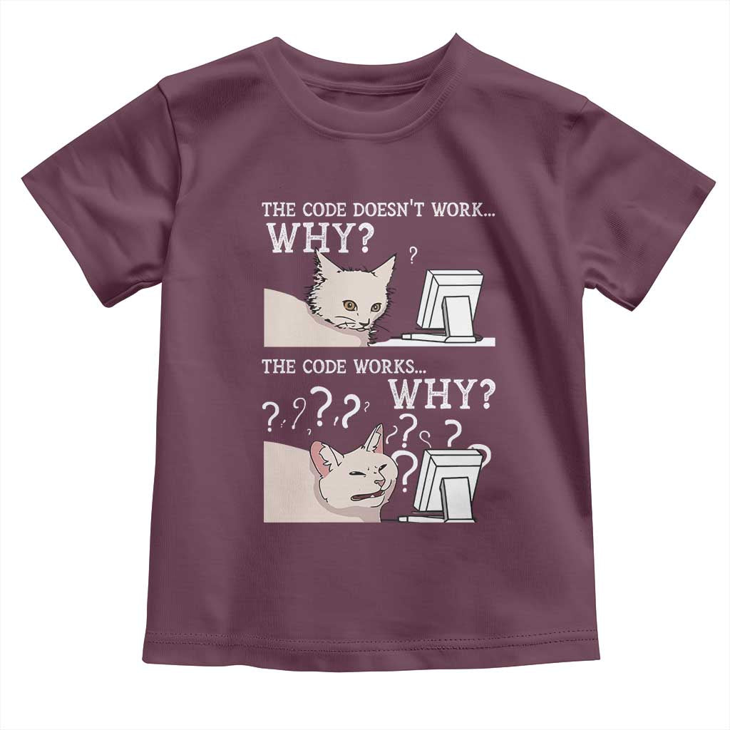 Funny Coder Toddler T Shirt The Code Doesn't Work Why Cat Meme