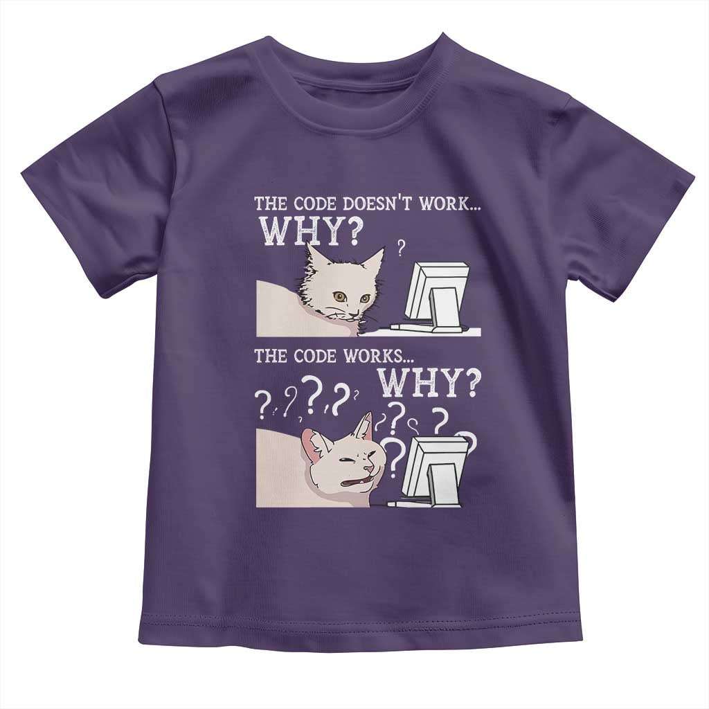 Funny Coder Toddler T Shirt The Code Doesn't Work Why Cat Meme