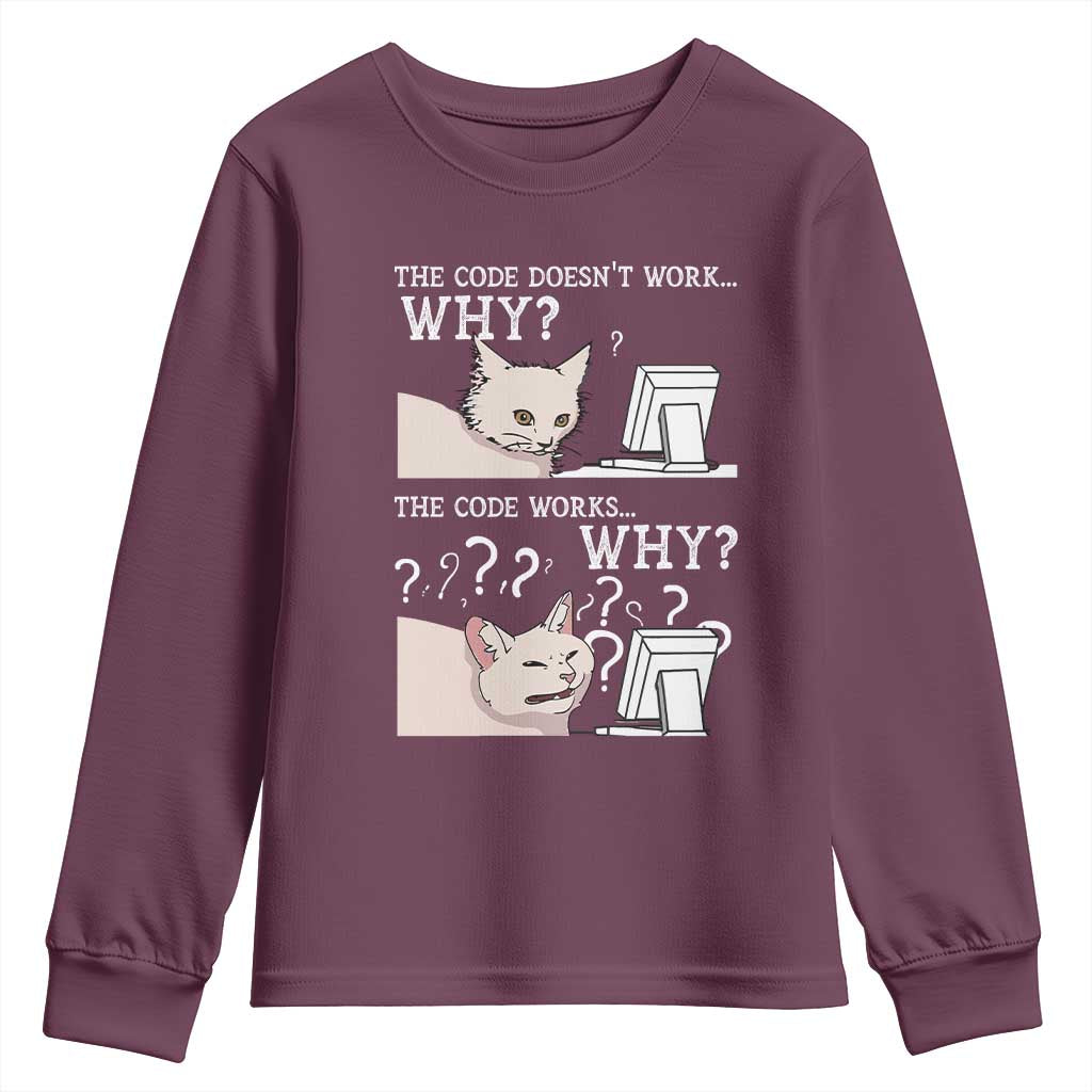 Funny Coder Youth Sweatshirt The Code Doesn't Work Why Cat Meme