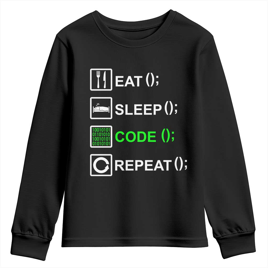 Funny Coder Youth Sweatshirt Eat Sleep Code Repeat