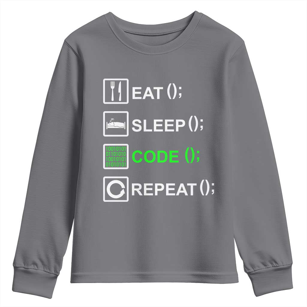 Funny Coder Youth Sweatshirt Eat Sleep Code Repeat