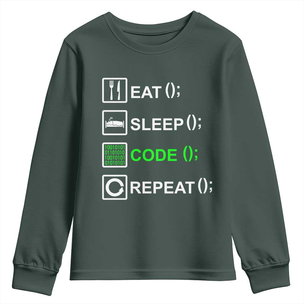 Funny Coder Youth Sweatshirt Eat Sleep Code Repeat