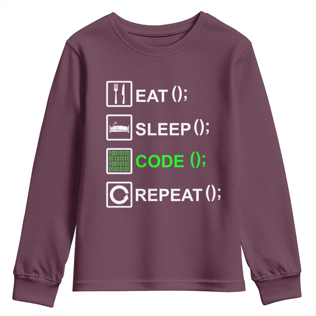 Funny Coder Youth Sweatshirt Eat Sleep Code Repeat