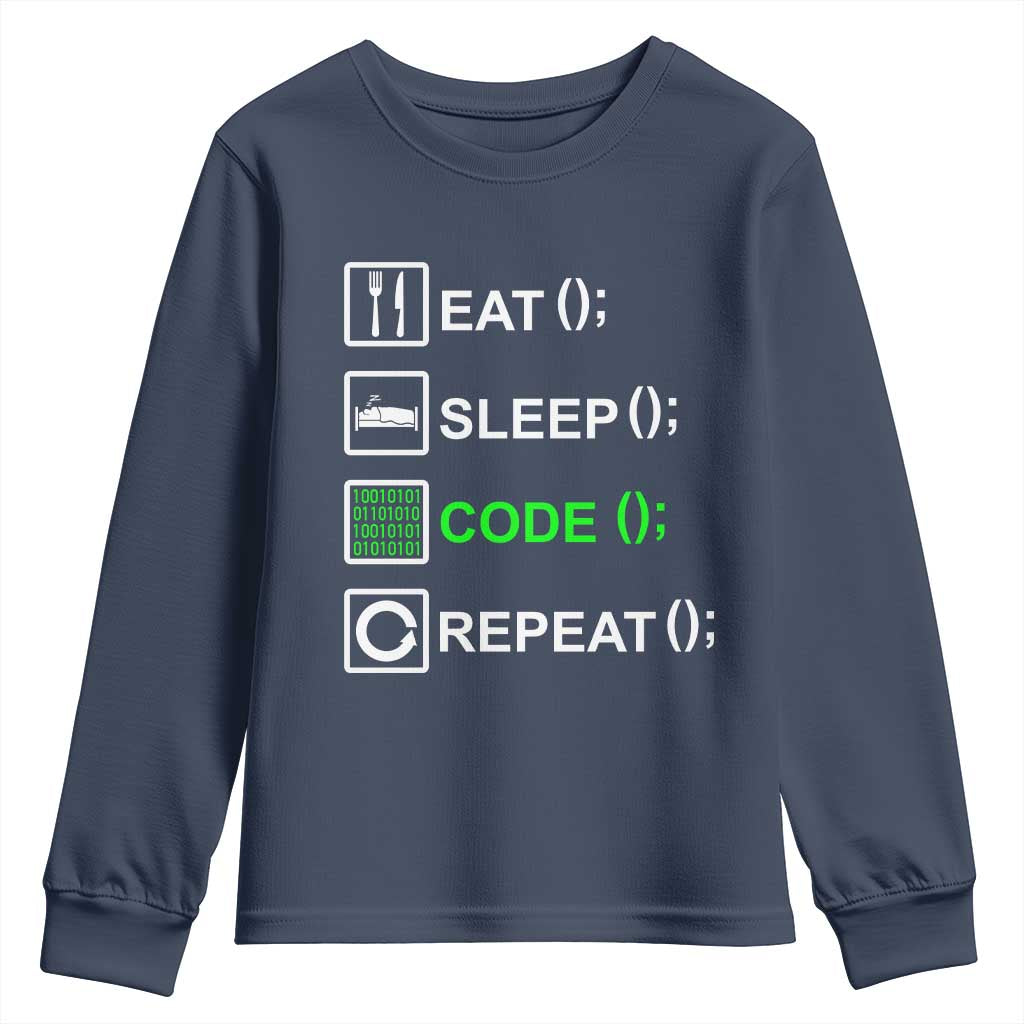 Funny Coder Youth Sweatshirt Eat Sleep Code Repeat
