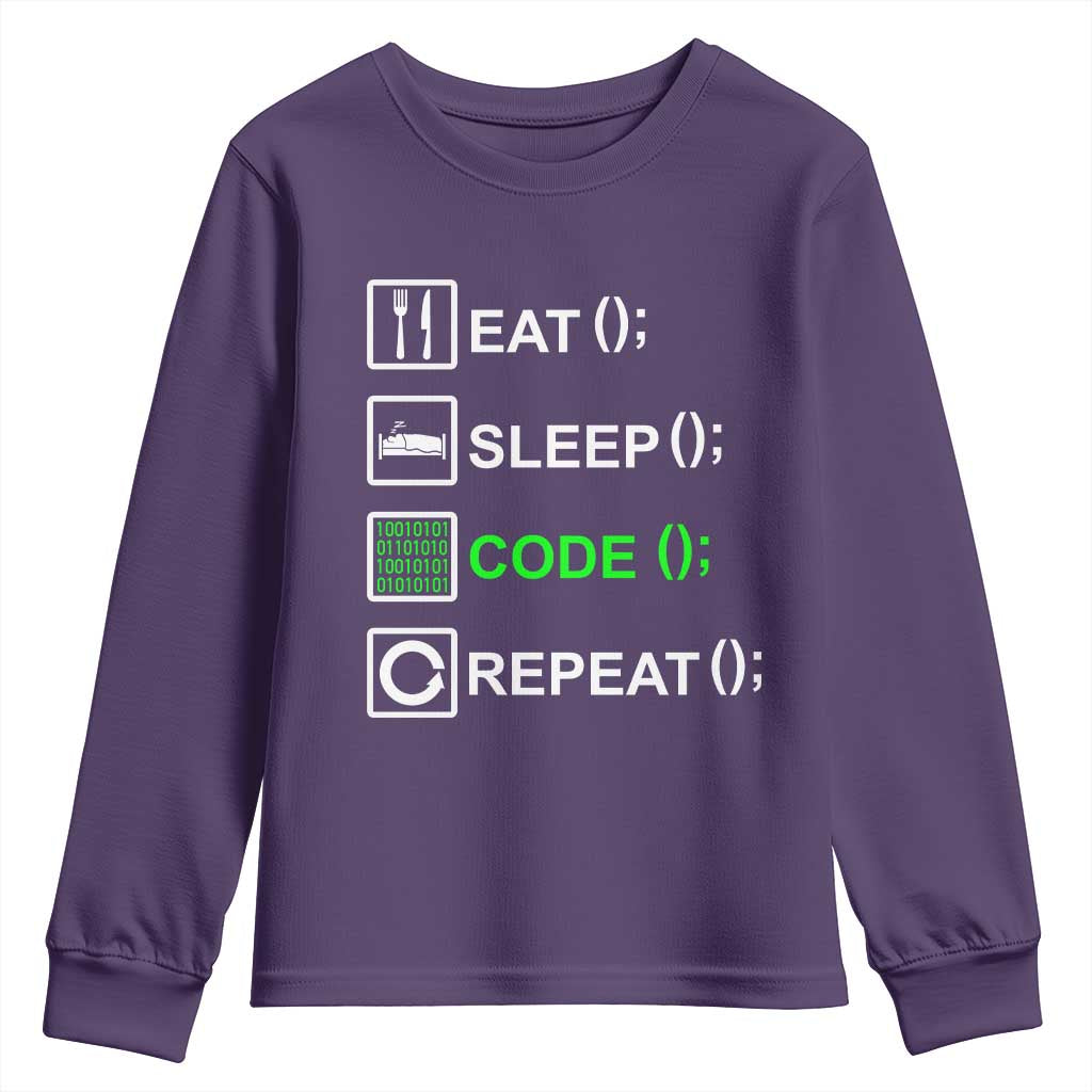 Funny Coder Youth Sweatshirt Eat Sleep Code Repeat