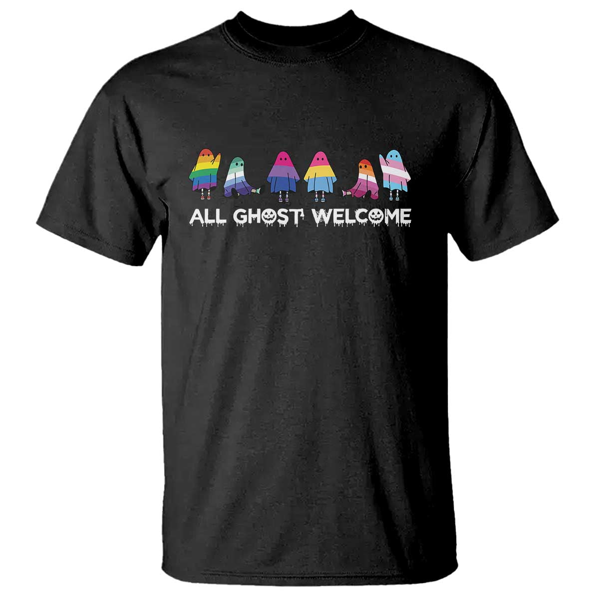 Funny Halloween T Shirt All Ghost Welcome Cute Ghost Rainbow - Wonder Print Shop