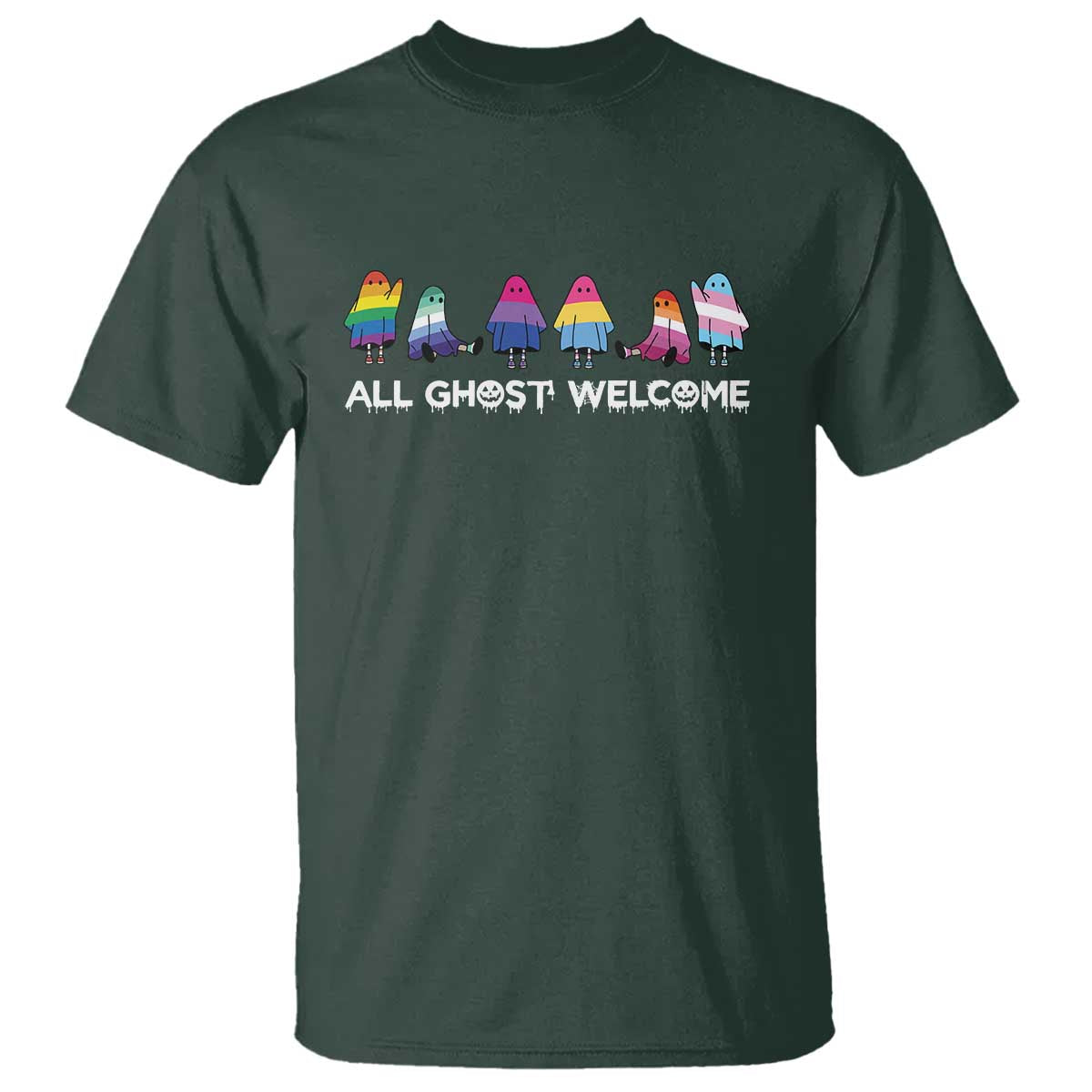 Funny Halloween T Shirt All Ghost Welcome Cute Ghost Rainbow - Wonder Print Shop