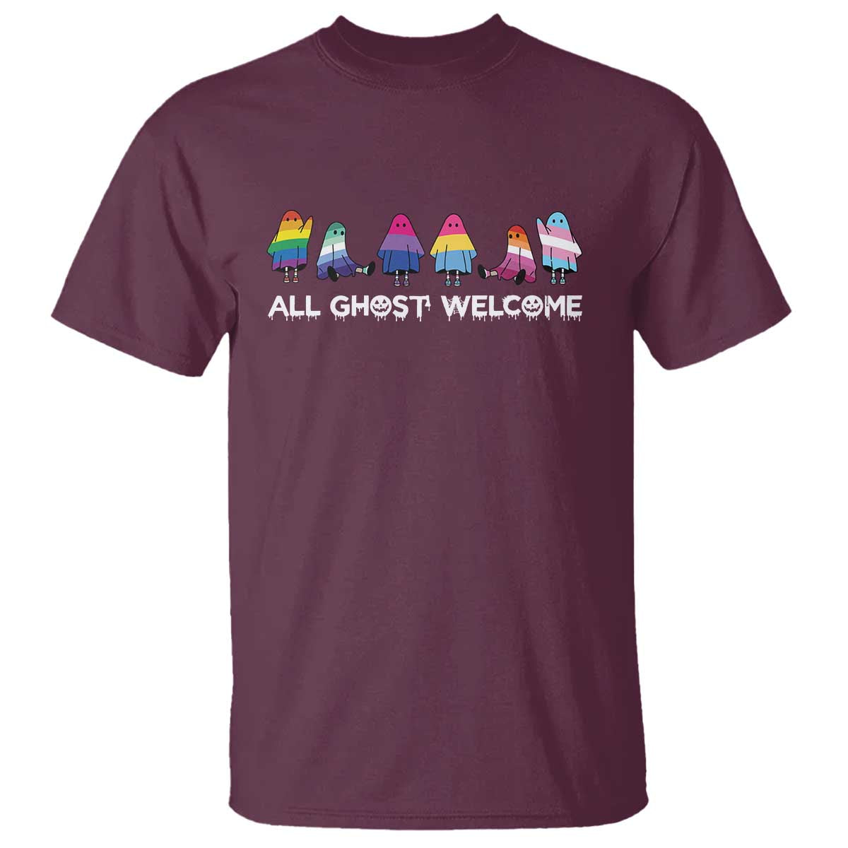 Funny Halloween T Shirt All Ghost Welcome Cute Ghost Rainbow - Wonder Print Shop
