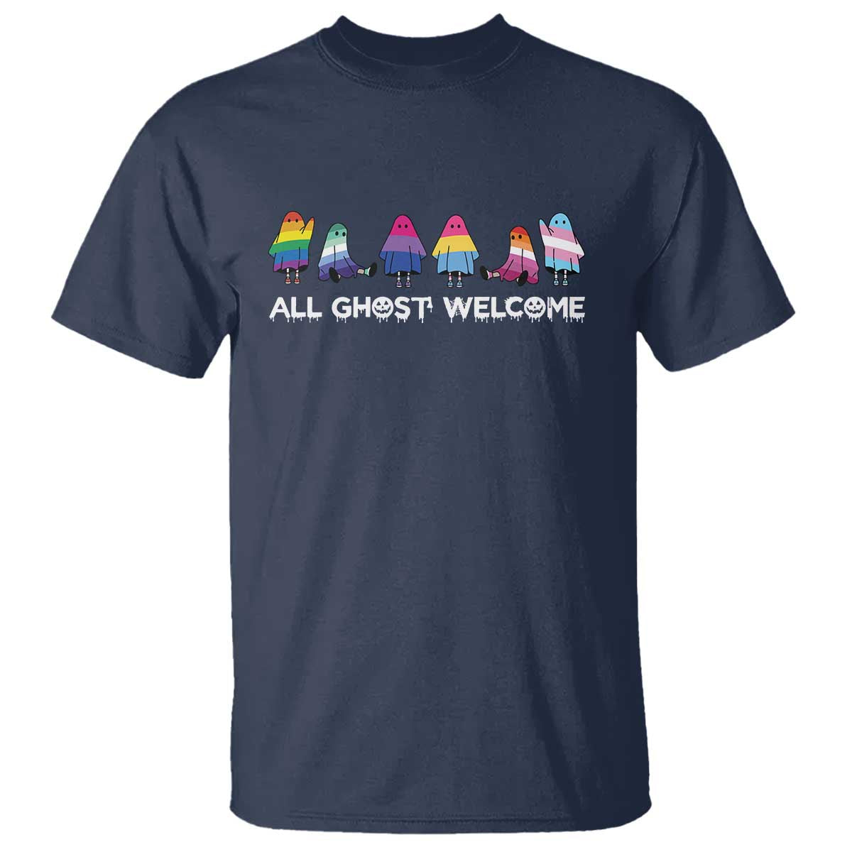 Funny Halloween T Shirt All Ghost Welcome Cute Ghost Rainbow - Wonder Print Shop