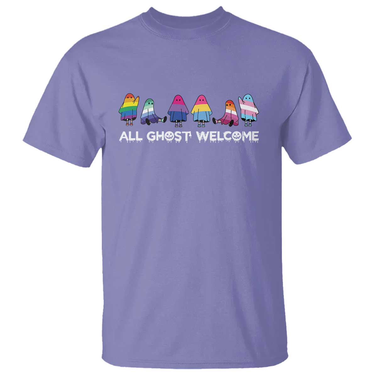 Funny Halloween T Shirt All Ghost Welcome Cute Ghost Rainbow - Wonder Print Shop