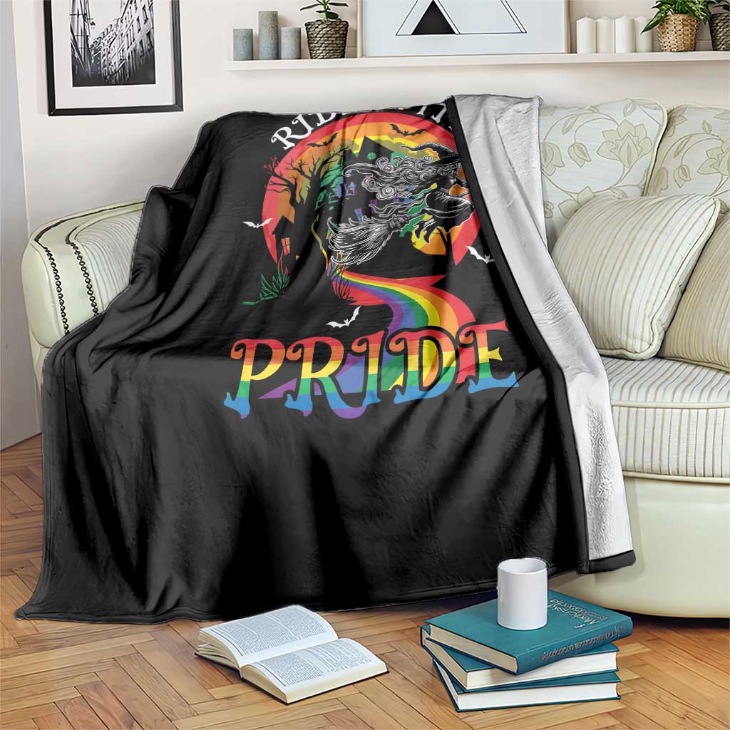 Funny Halloween LGBT Throw Blanket Ride With Pride Witch Rainbow Spooky And Pride - Wonder Print Shop