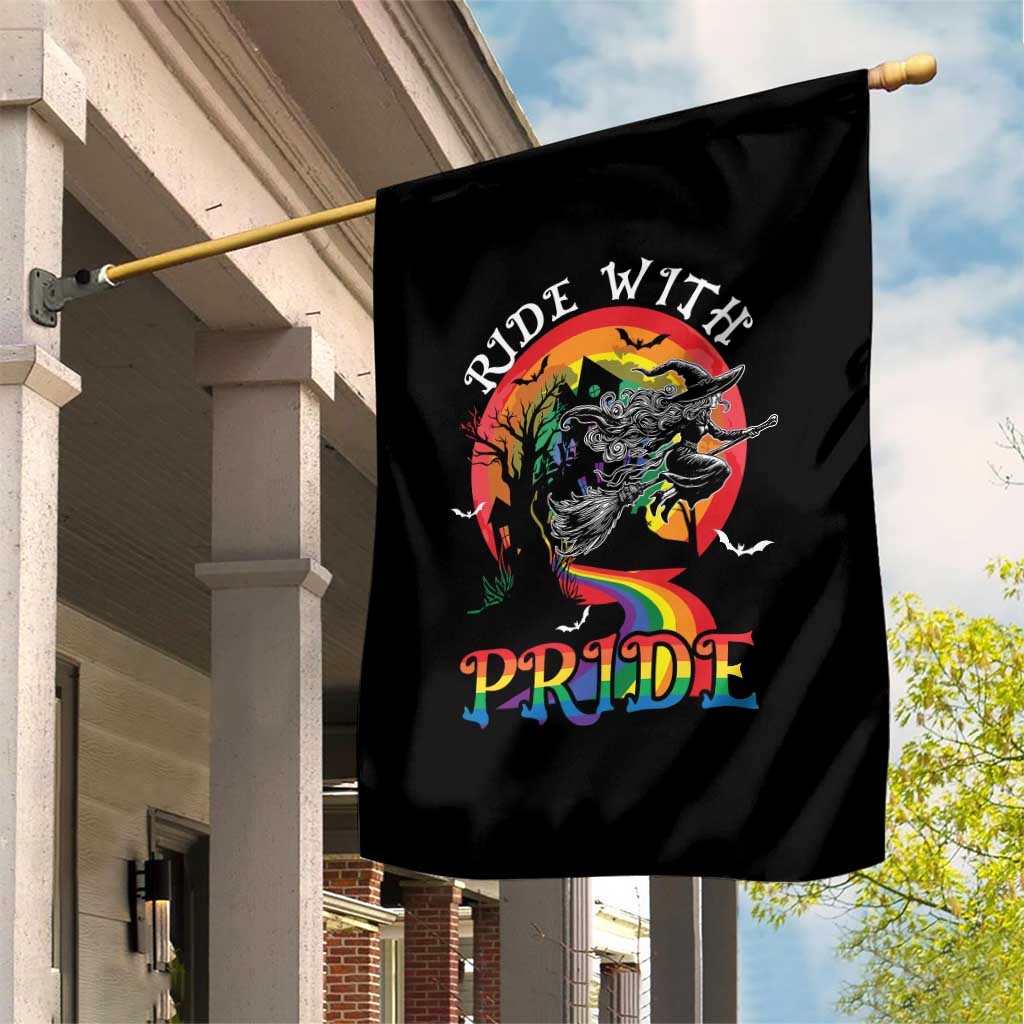 Funny Halloween LGBT Garden Flag Ride With Pride Witch Rainbow Spooky And Pride - Wonder Print Shop