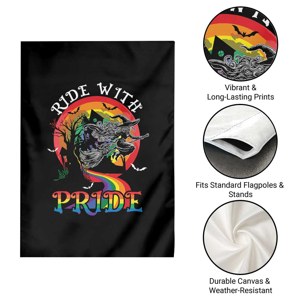 Funny Halloween LGBT Garden Flag Ride With Pride Witch Rainbow Spooky And Pride - Wonder Print Shop