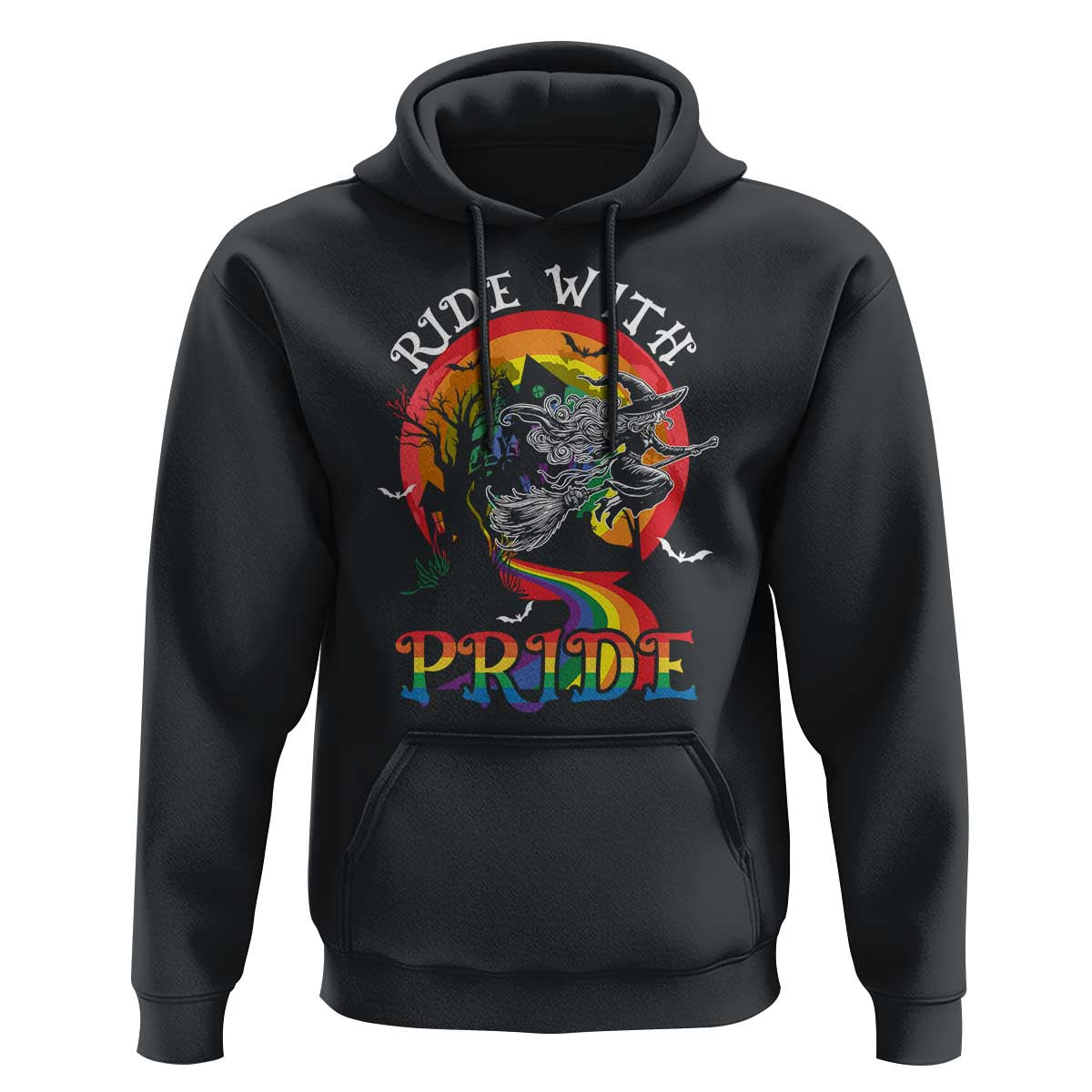 Funny Halloween LGBT Hoodie Ride With Pride Witch Rainbow Spooky And Pride