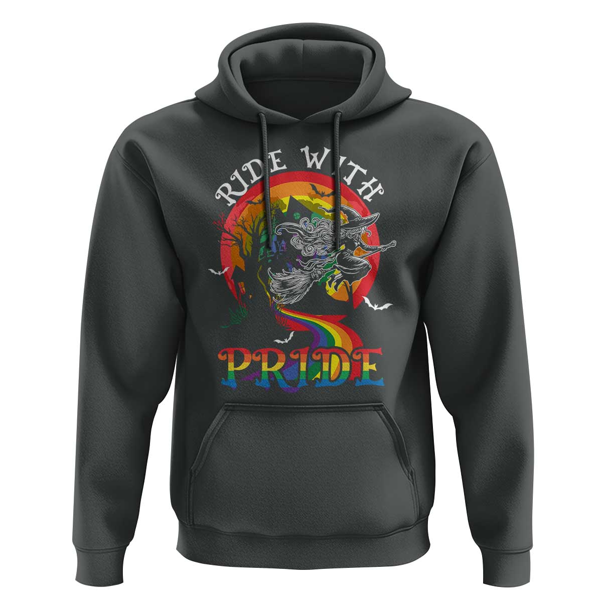 Funny Halloween LGBT Hoodie Ride With Pride Witch Rainbow Spooky And Pride
