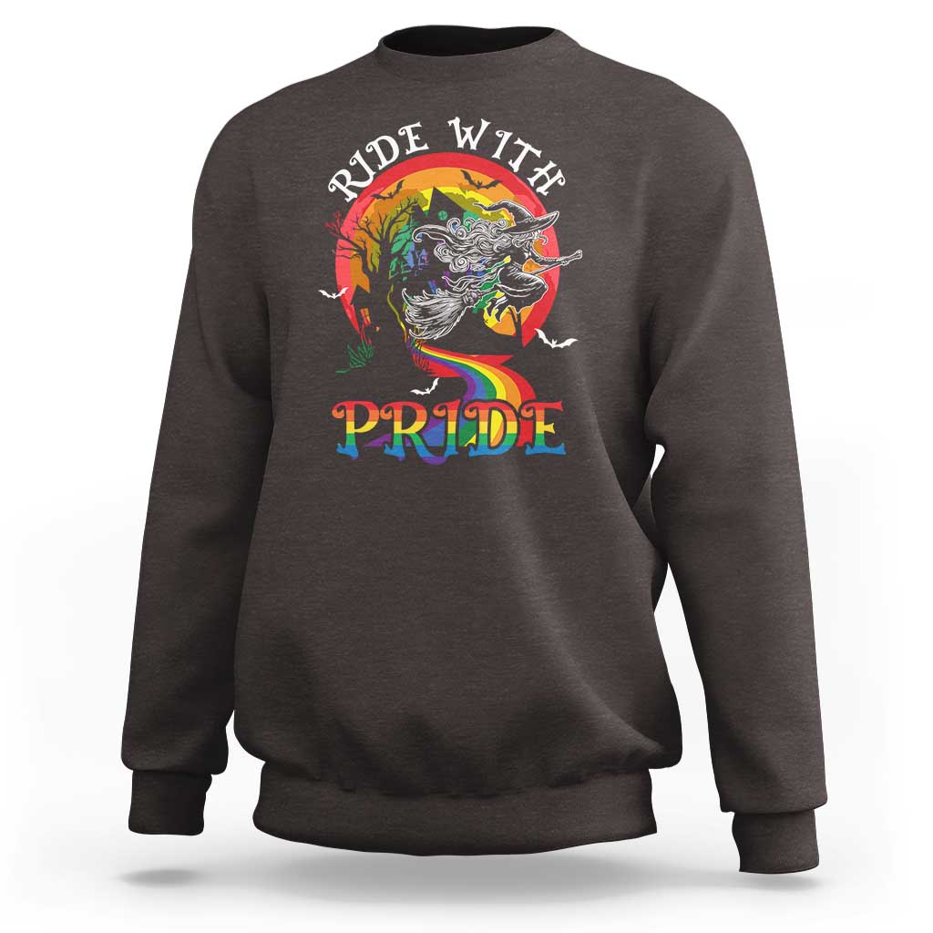 Funny Halloween LGBT Sweatshirt Ride With Pride Witch Rainbow Spooky And Pride - Wonder Print Shop