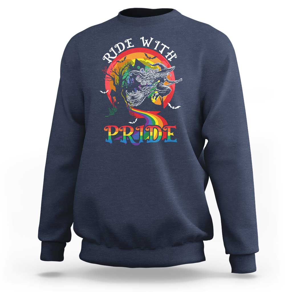 Funny Halloween LGBT Sweatshirt Ride With Pride Witch Rainbow Spooky And Pride - Wonder Print Shop