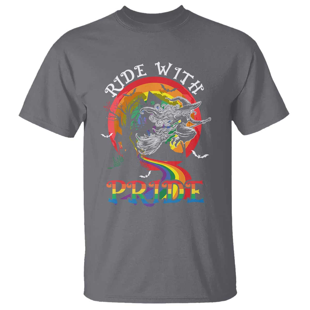 Funny Halloween LGBT T Shirt Ride With Pride Witch Rainbow Spooky And Pride - Wonder Print Shop