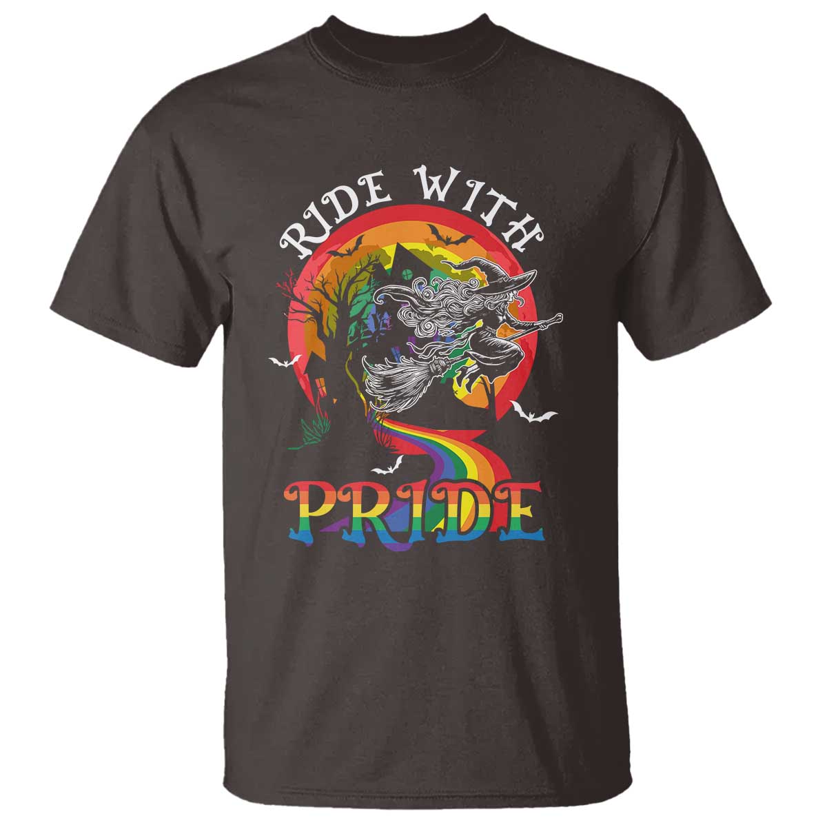 Funny Halloween LGBT T Shirt Ride With Pride Witch Rainbow Spooky And Pride - Wonder Print Shop