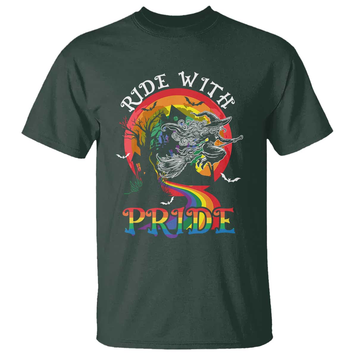 Funny Halloween LGBT T Shirt Ride With Pride Witch Rainbow Spooky And Pride - Wonder Print Shop