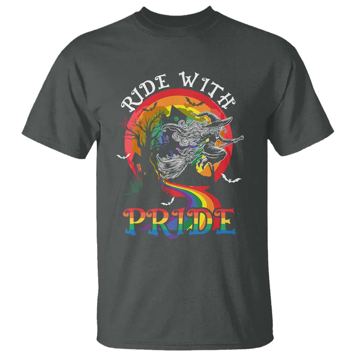 Funny Halloween LGBT T Shirt Ride With Pride Witch Rainbow Spooky And Pride - Wonder Print Shop