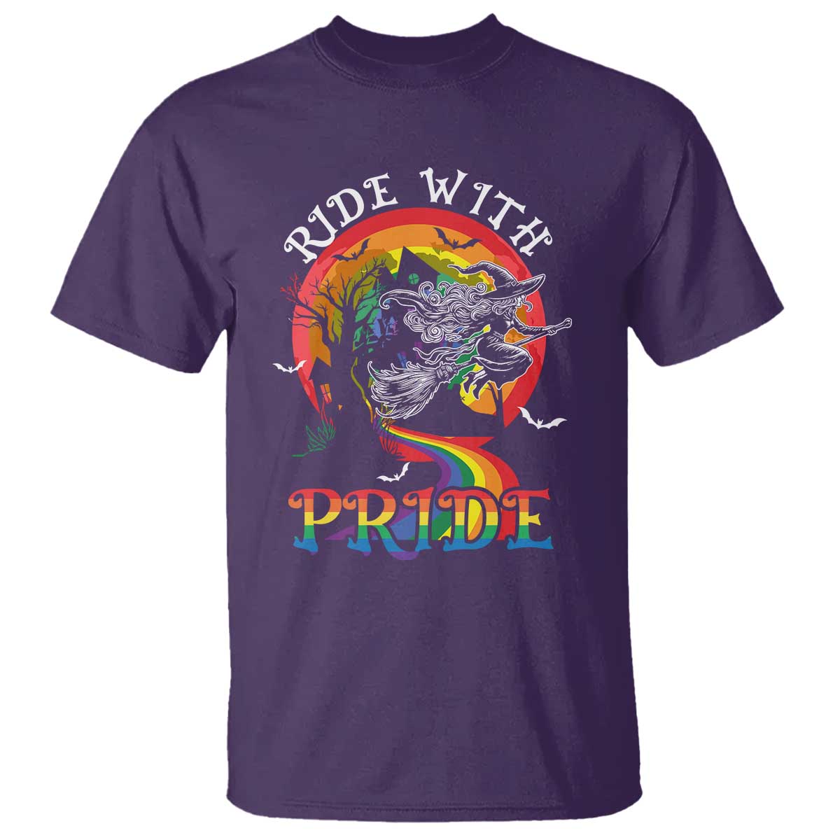Funny Halloween LGBT T Shirt Ride With Pride Witch Rainbow Spooky And Pride - Wonder Print Shop