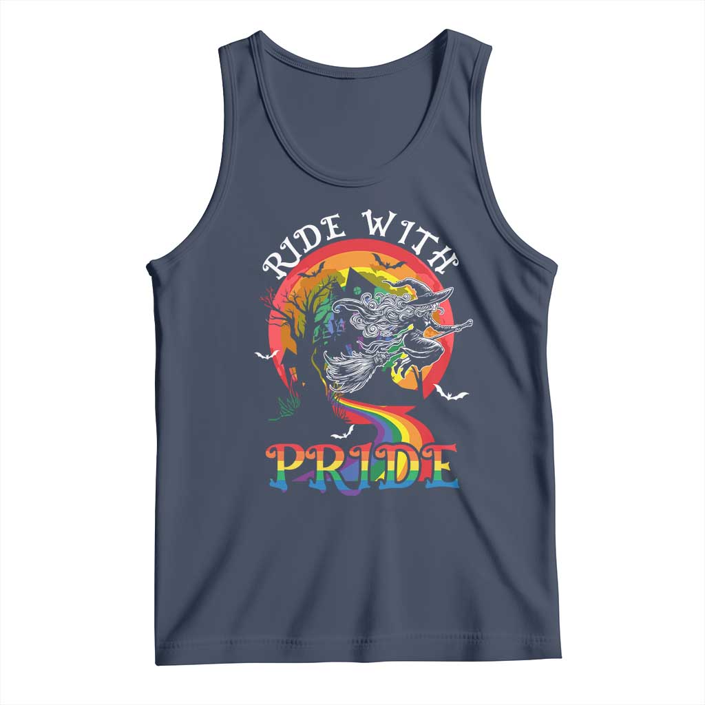 Funny Halloween LGBT Tank Top Ride With Pride Witch Rainbow Spooky And Pride