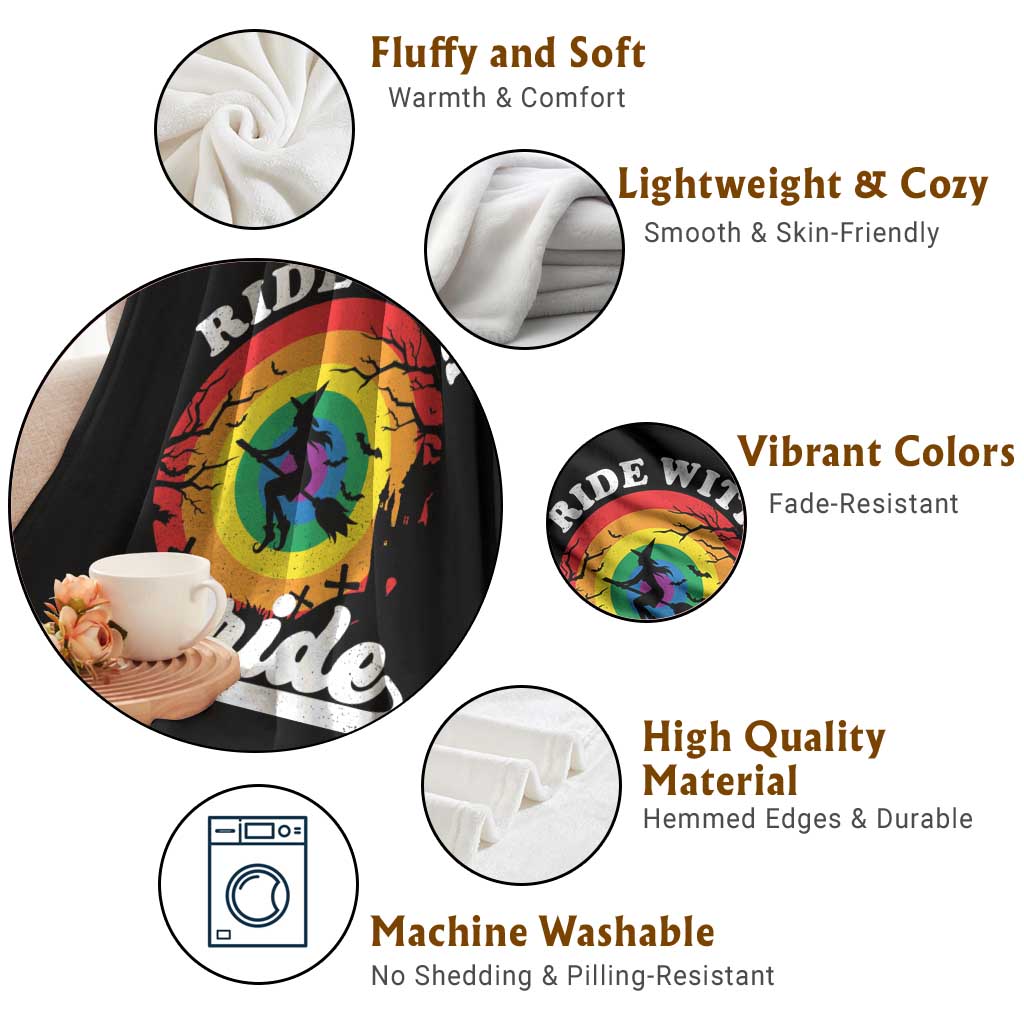 Funny Halloween LGBT Throw Blanket Ride With Pride Witch Rainbow - Wonder Print Shop