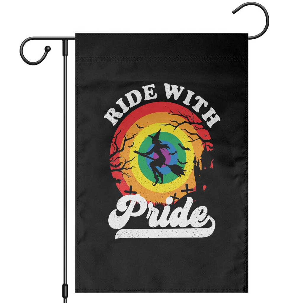 Funny Halloween LGBT Garden Flag Ride With Pride Witch Rainbow - Wonder Print Shop